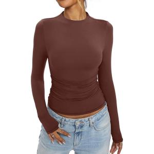 Womens Mock Neck Long Sleeve Shirts Ruched Double Lined Top Fit Tight Turtleneck Tee Spring Fall Clothes 2025(Brown)