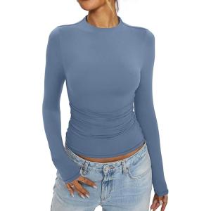 Womens Mock Neck Long Sleeve Shirts Ruched Double Lined Top Fit Tight Turtleneck Tee Spring Fall Clothes 2025(Coronet Blue)