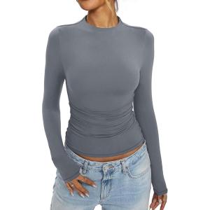 Womens Mock Neck Long Sleeve Shirts Ruched Double Lined Top Fit Tight Turtleneck Tee Spring Fall Clothes 2025(Gray)
