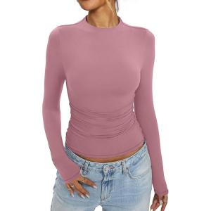 Womens Mock Neck Long Sleeve Shirts Ruched Double Lined Top Fit Tight Turtleneck Tee Spring Fall Clothes 2025(Merlot)