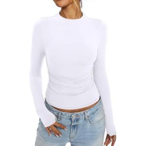 Womens Mock Neck Long Sleeve Shirts Ruched Double Lined Top Fit Tight Turtleneck Tee Spring Fall Clothes 2025(White)