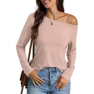 Womens Off Shoulder Tops Long Sleeve Shirts Sexy Tops Casual Loose Fit Tee Going Out Fashion Clothes 2025(Apricot)