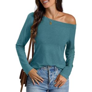 Womens Off Shoulder Tops Long Sleeve Shirts Sexy Tops Casual Loose Fit Tee Going Out Fashion Clothes 2025(Aqua Blue)