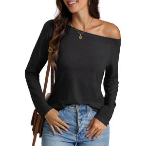 Womens Off Shoulder Tops Long Sleeve Shirts Sexy Tops Casual Loose Fit Tee Going Out Fashion Clothes 2025(Black)
