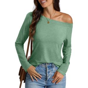 Womens Off Shoulder Tops Long Sleeve Shirts Sexy Tops Casual Loose Fit Tee Going Out Fashion Clothes 2025(Green)