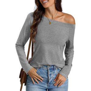 Womens Off Shoulder Tops Long Sleeve Shirts Sexy Tops Casual Loose Fit Tee Going Out Fashion Clothes 2025(Grey)