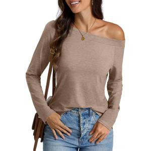 Womens Off Shoulder Tops Long Sleeve Shirts Sexy Tops Casual Loose Fit Tee Going Out Fashion Clothes 2025(Khaki)