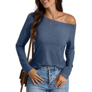 Womens Off Shoulder Tops Long Sleeve Shirts Sexy Tops Casual Loose Fit Tee Going Out Fashion Clothes 2025(Navy Blue)