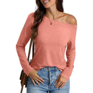 Womens Off Shoulder Tops Long Sleeve Shirts Sexy Tops Casual Loose Fit Tee Going Out Fashion Clothes 2025(Pink)