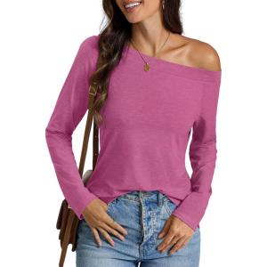 Womens Off Shoulder Tops Long Sleeve Shirts Sexy Tops Casual Loose Fit Tee Going Out Fashion Clothes 2025(Rose Red)