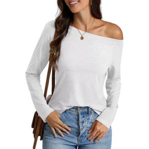 Womens Off Shoulder Tops Long Sleeve Shirts Sexy Tops Casual Loose Fit Tee Going Out Fashion Clothes 2025(White)
