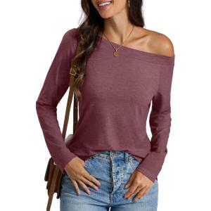 Womens Off Shoulder Tops Long Sleeve Shirts Sexy Tops Casual Loose Fit Tee Going Out Fashion Clothes 2025(Wine Red)