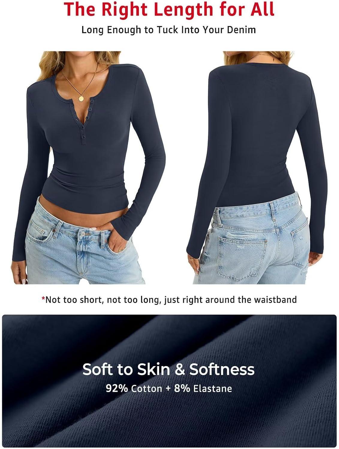imageWomens Cotton Long Sleeve Shirts V Neck Henley Tops Slim Fit Basic Going Out Tshirts Fall Fashion Outfits 2025Navy Blue
