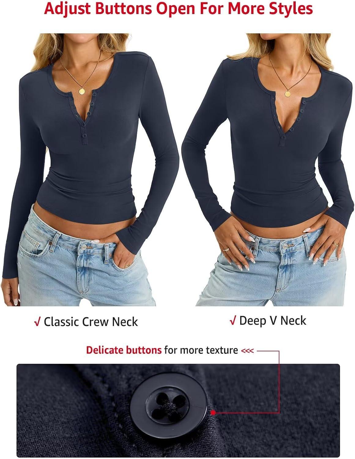 imageWomens Cotton Long Sleeve Shirts V Neck Henley Tops Slim Fit Basic Going Out Tshirts Fall Fashion Outfits 2025Navy Blue