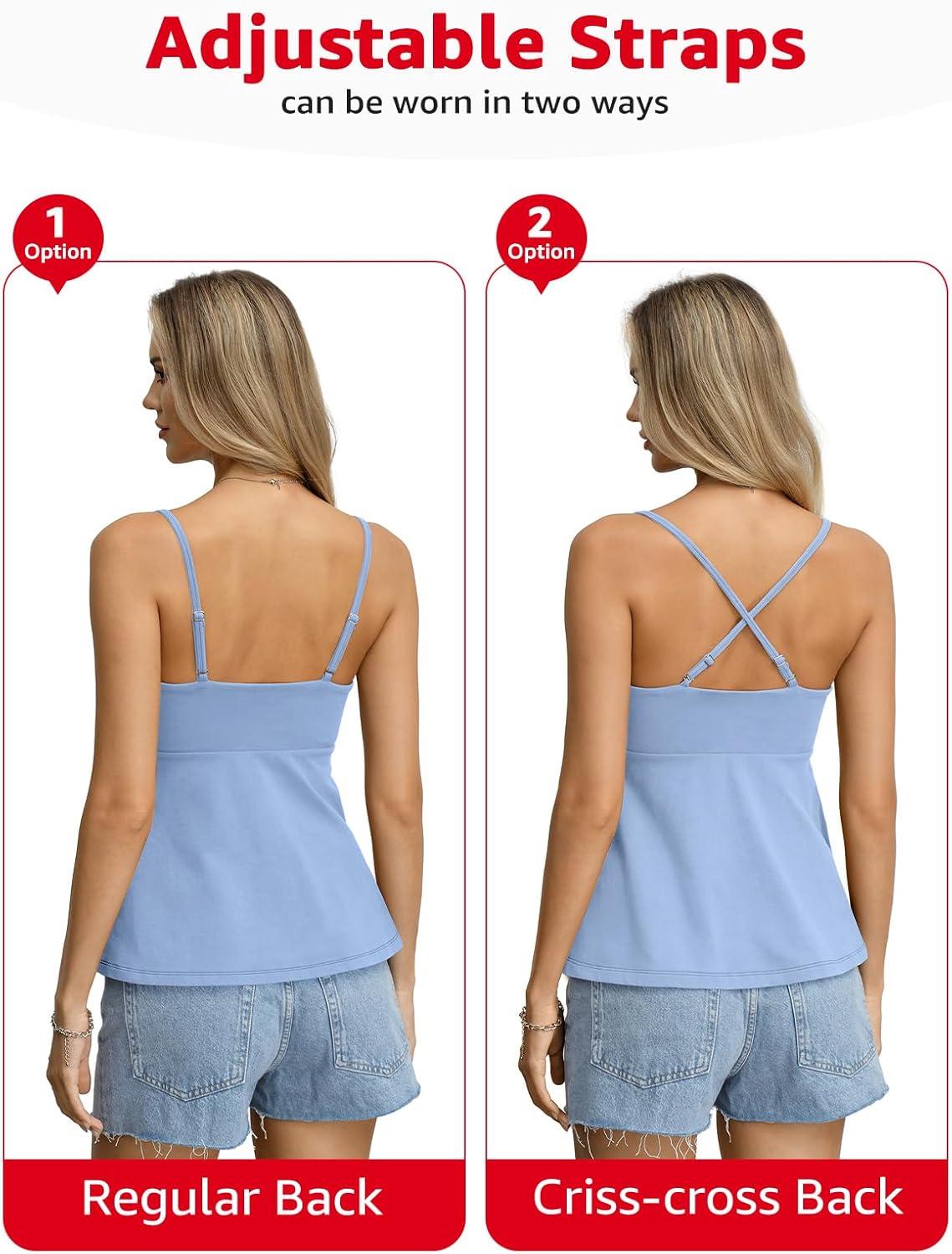 imageWomens Cotton Sweetheart Neck Camisoles Cute Babydoll Tops Padded Crop Shirt Adjustable Spaghetti Strap TankBaby Blue