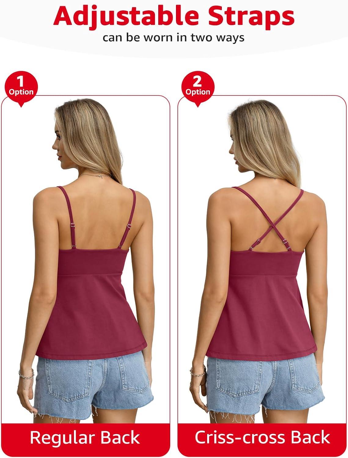 imageWomens Cotton Sweetheart Neck Camisoles Cute Babydoll Tops Padded Crop Shirt Adjustable Spaghetti Strap TankMagenta