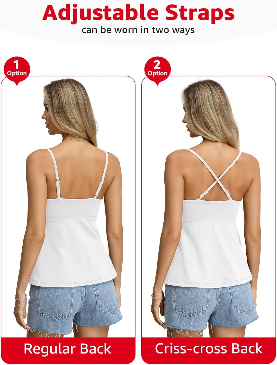 imageWomens Cotton Sweetheart Neck Camisoles Cute Babydoll Tops Padded Crop Shirt Adjustable Spaghetti Strap TankTure White
