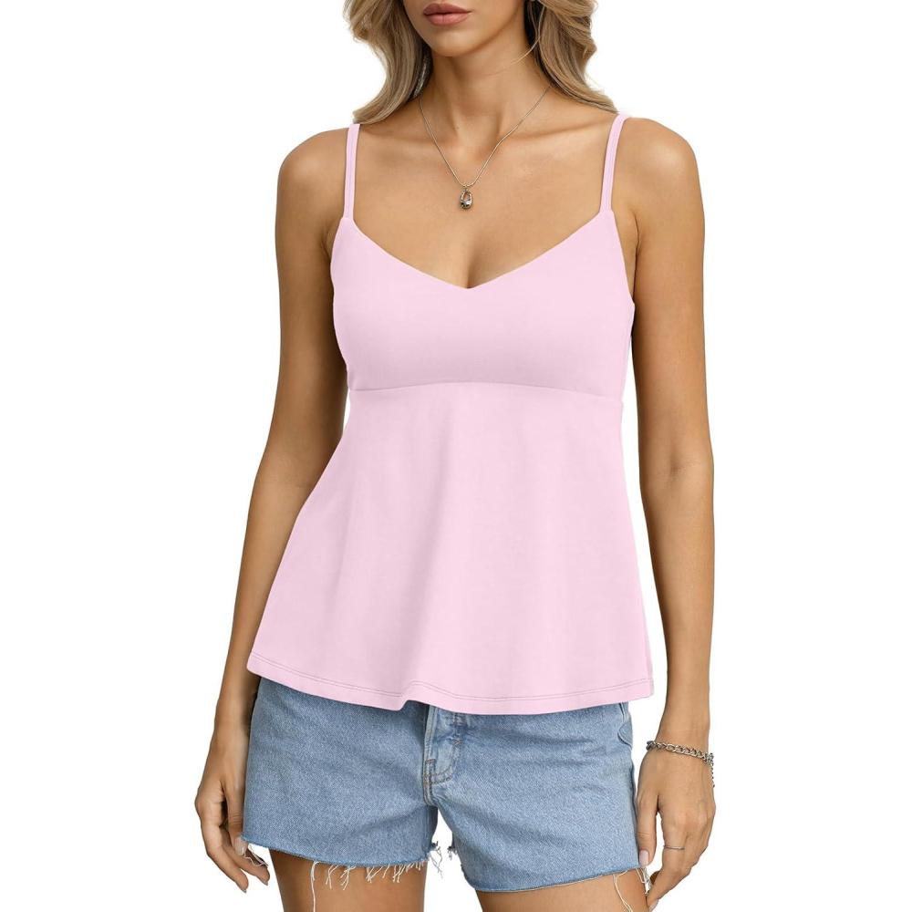 imageWomens Cotton Sweetheart Neck Camisoles Cute Babydoll Tops Padded Crop Shirt Adjustable Spaghetti Strap TankBaby Pink