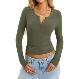 Womens Cotton Long Sleeve Shirts V Neck Henley Tops Slim Fit Basic Going Out Tshirts Fall Fashion Outfits 2025(Army Green)