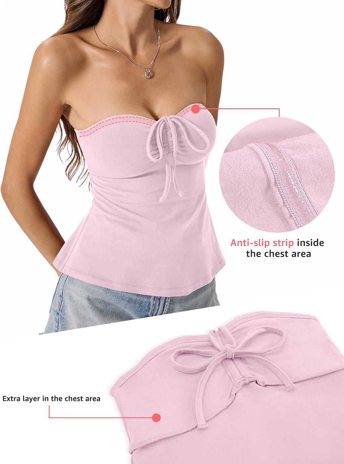 imageWomens Cotton Tube Tops Tie Front Ruched Strapless Tank Babydoll Peplum Bandeau Top Cute Crop Going Out OutfitBaby Pink
