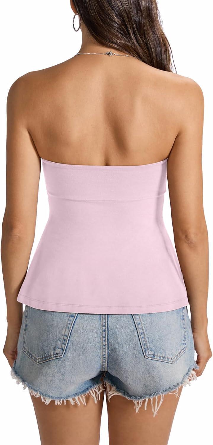 imageWomens Cotton Tube Tops Tie Front Ruched Strapless Tank Babydoll Peplum Bandeau Top Cute Crop Going Out OutfitBaby Pink