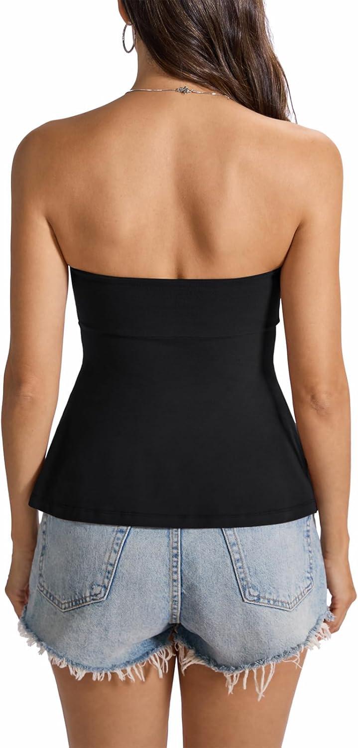 imageWomens Cotton Tube Tops Tie Front Ruched Strapless Tank Babydoll Peplum Bandeau Top Cute Crop Going Out OutfitTrue Black