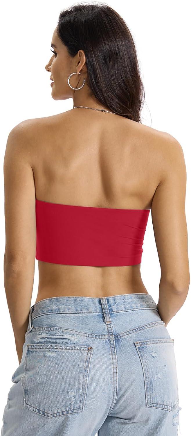imageWomens Padded Double Lined Tank Tops Bandeau Strapless Tube Tops Crop Backless Shirts Sexy Going Out Tops 2026Red