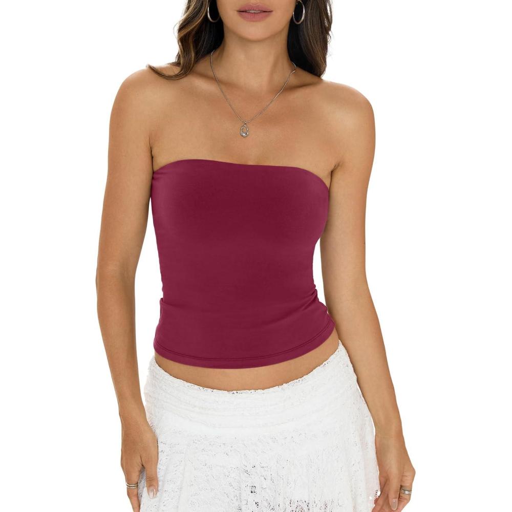 imageWomens Cotton Tube Tops Sexy Fitted Strapless Shirts Basic Going Out Backless Bandeau Tops Cute Trendy ClothesMagenta