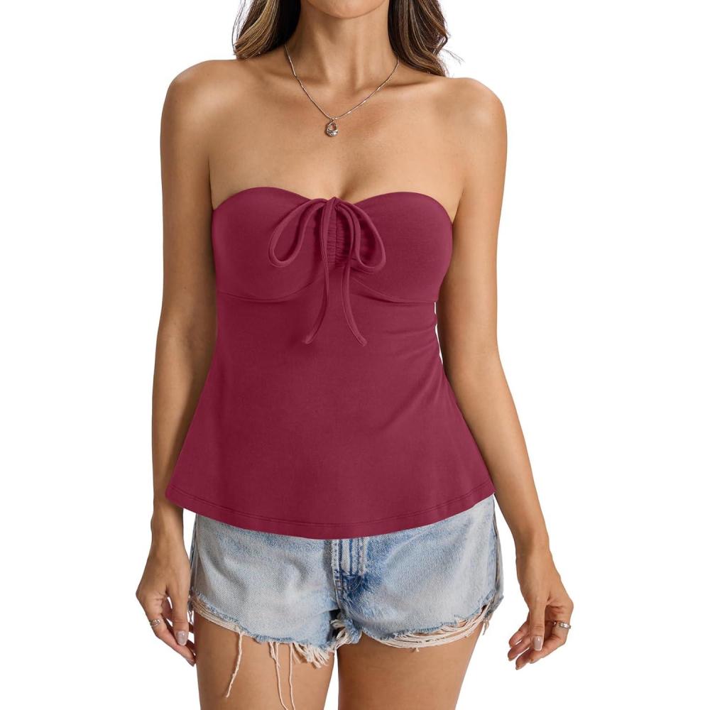 imageWomens Cotton Tube Tops Tie Front Ruched Strapless Tank Babydoll Peplum Bandeau Top Cute Crop Going Out OutfitMagenta