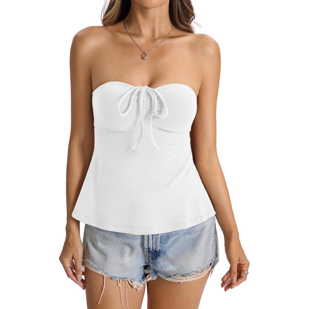 imageWomens Cotton Tube Tops Tie Front Ruched Strapless Tank Babydoll Peplum Bandeau Top Cute Crop Going Out OutfitTrue White