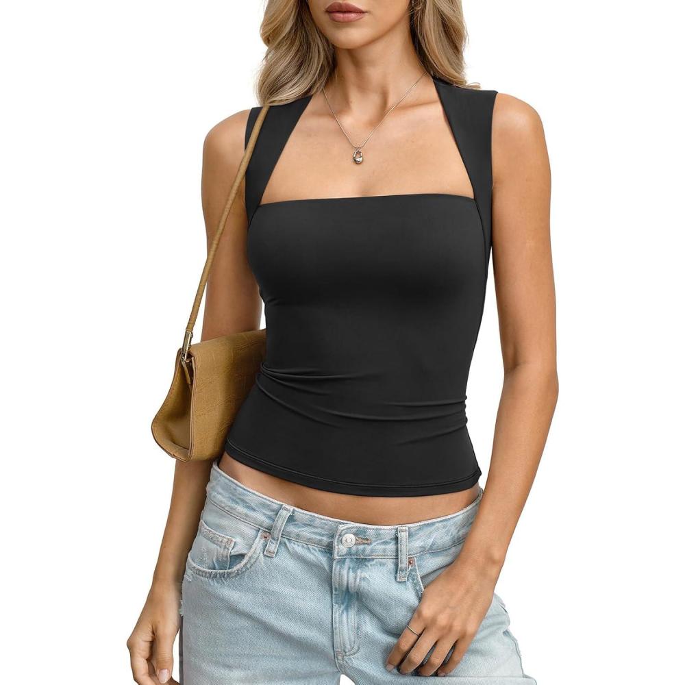 imageWomens Double Lined Square Neck Tank Tops Basic Slim Fit Sleeveless Shirts Y2K Summer Going Out Outfits 2026Black