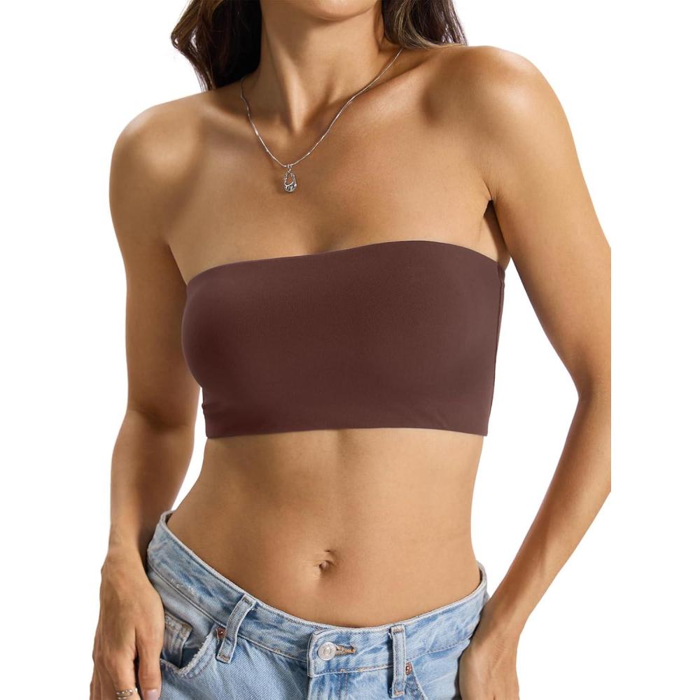 imageWomens Double Lined Tube Tops Crop Tank Top NonPadded Strapless Bandeau Shirts Sexy Going Out Tops Summer 2026Brown