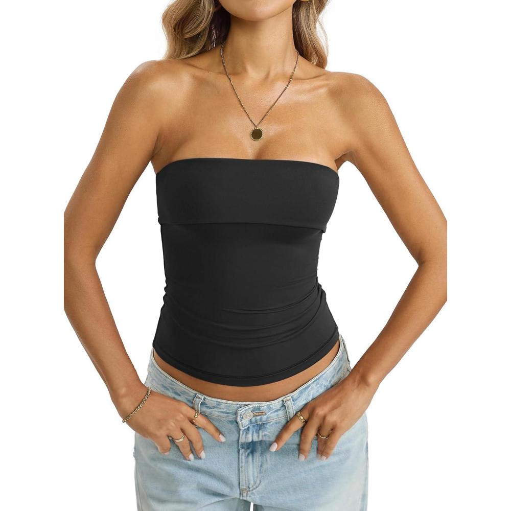 imageWomens Double Lined Tube Tops Non Slip Bandeau Strapless Shirts Slim Fit Sexy Going Out Tank Tops Summer 2026Black