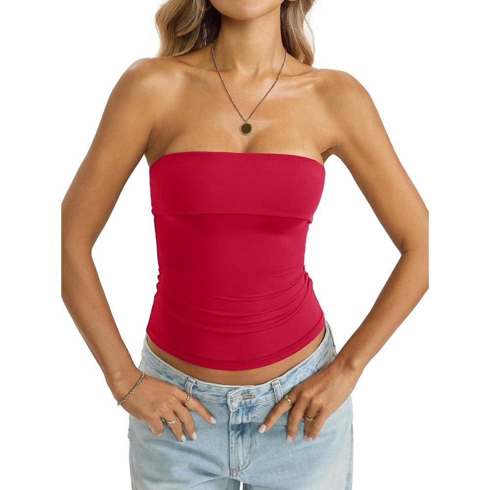 imageWomens Double Lined Tube Tops Non Slip Bandeau Strapless Shirts Slim Fit Sexy Going Out Tank Tops Summer 2026Red