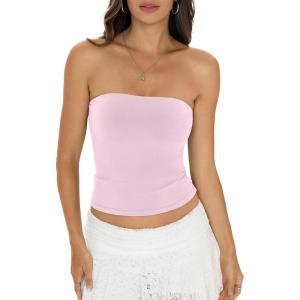 Womens Cotton Tube Tops Sexy Fitted Strapless Shirts Basic Going Out Backless Bandeau Tops Cute Trendy Clothes(Baby Pink)