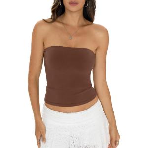 Womens Cotton Tube Tops Sexy Fitted Strapless Shirts Basic Going Out Backless Bandeau Tops Cute Trendy Clothes(Brown)