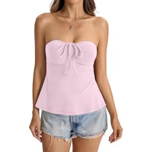 Womens Cotton Tube Tops Tie Front Ruched Strapless Tank Babydoll Peplum Bandeau Top Cute Crop Going Out Outfit(Baby Pink)