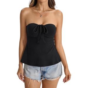 Womens Cotton Tube Tops Tie Front Ruched Strapless Tank Babydoll Peplum Bandeau Top Cute Crop Going Out Outfit(True Black)