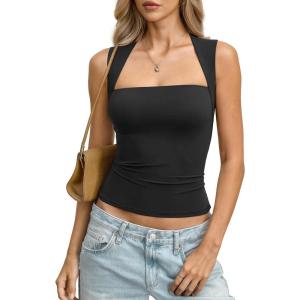 Womens Double Lined Square Neck Tank Tops Basic Slim Fit Sleeveless Shirts Y2K Summer Going Out Outfits 2026(Black)
