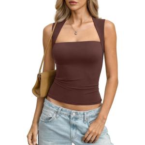 Womens Double Lined Square Neck Tank Tops Basic Slim Fit Sleeveless Shirts Y2K Summer Going Out Outfits 2026(Brown)