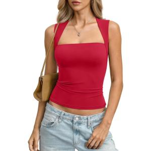 Womens Double Lined Square Neck Tank Tops Basic Slim Fit Sleeveless Shirts Y2K Summer Going Out Outfits 2026(Red)