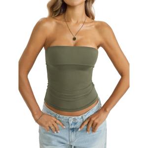 Womens Double Lined Tube Tops Non Slip Bandeau Strapless Shirts Slim Fit Sexy Going Out Tank Tops Summer 2026(Army Green)