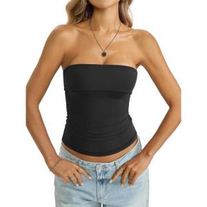 Womens Double Lined Tube Tops Non Slip Bandeau Strapless Shirts Slim Fit Sexy Going Out Tank Tops Summer 2026(Black)