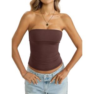 Womens Double Lined Tube Tops Non Slip Bandeau Strapless Shirts Slim Fit Sexy Going Out Tank Tops Summer 2026(Brown)