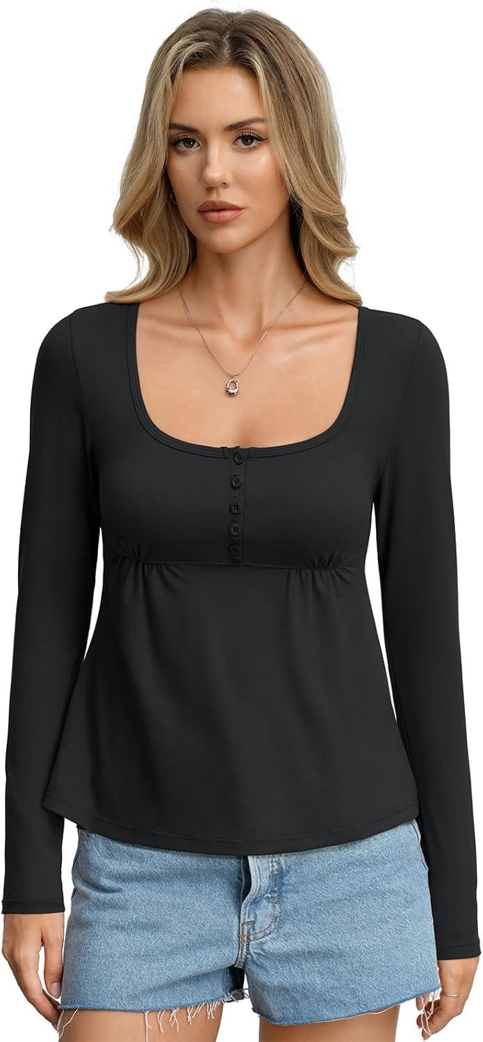 imageWomens Babydoll Long Sleeve Peplum Tops Button Down Square Neck Henley Shirts Cute Going Out Top Winter 2026Black