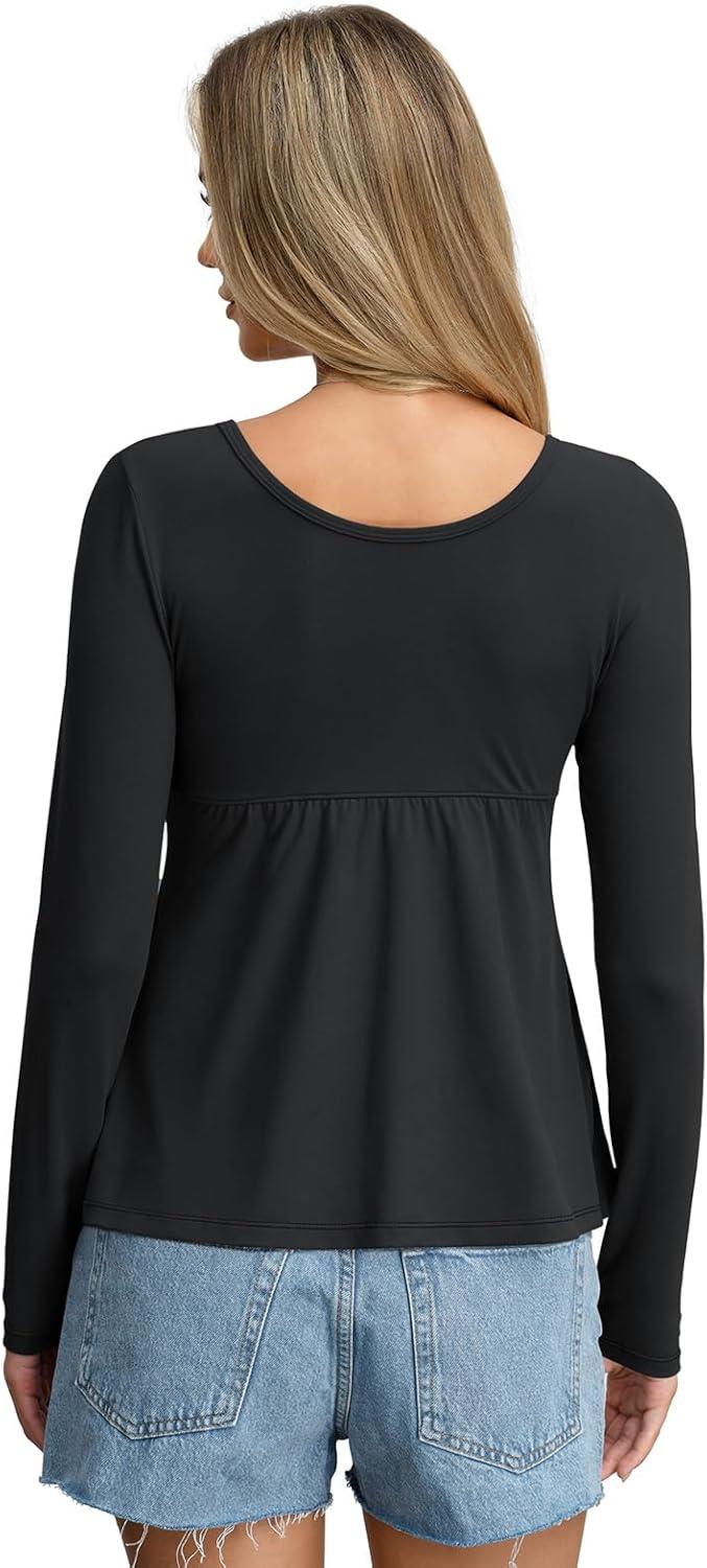 imageWomens Babydoll Long Sleeve Peplum Tops Button Down Square Neck Henley Shirts Cute Going Out Top Winter 2026Black