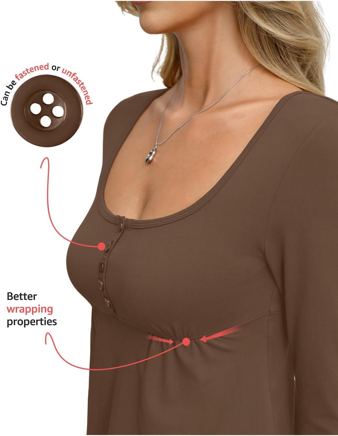 imageWomens Babydoll Long Sleeve Peplum Tops Button Down Square Neck Henley Shirts Cute Going Out Top Winter 2026Coffee Brown