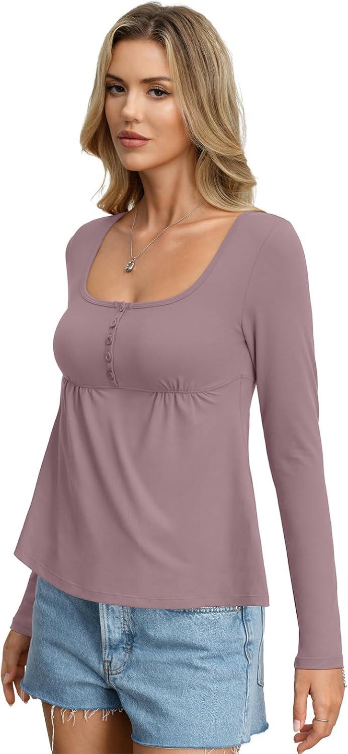 imageWomens Babydoll Long Sleeve Peplum Tops Button Down Square Neck Henley Shirts Cute Going Out Top Winter 2026Grey Pink