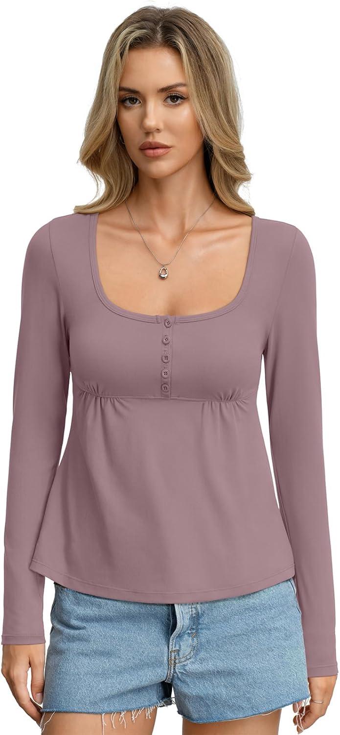 imageWomens Babydoll Long Sleeve Peplum Tops Button Down Square Neck Henley Shirts Cute Going Out Top Winter 2026Grey Pink