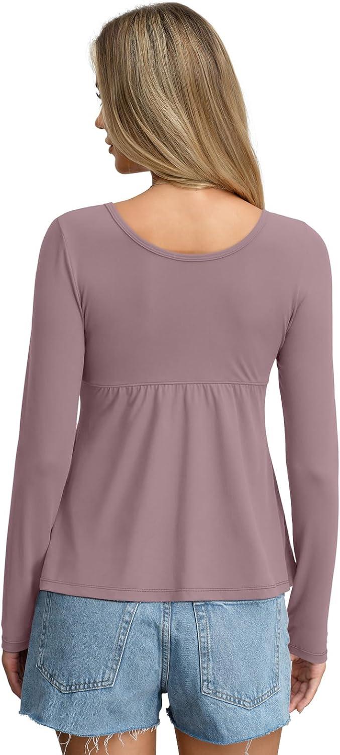 imageWomens Babydoll Long Sleeve Peplum Tops Button Down Square Neck Henley Shirts Cute Going Out Top Winter 2026Grey Pink